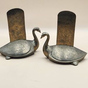 Vintage Swan Koi Fish Heavy Brass Bookends Chinese Mid Century Modern 5.5x6"